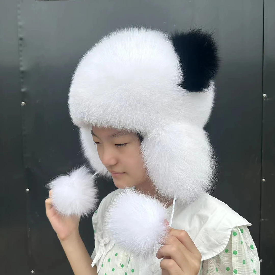 凯豪硕齐狐狸毛熊猫款时尚儿童冬季护耳全毛皮草冬季保暖霸王帽