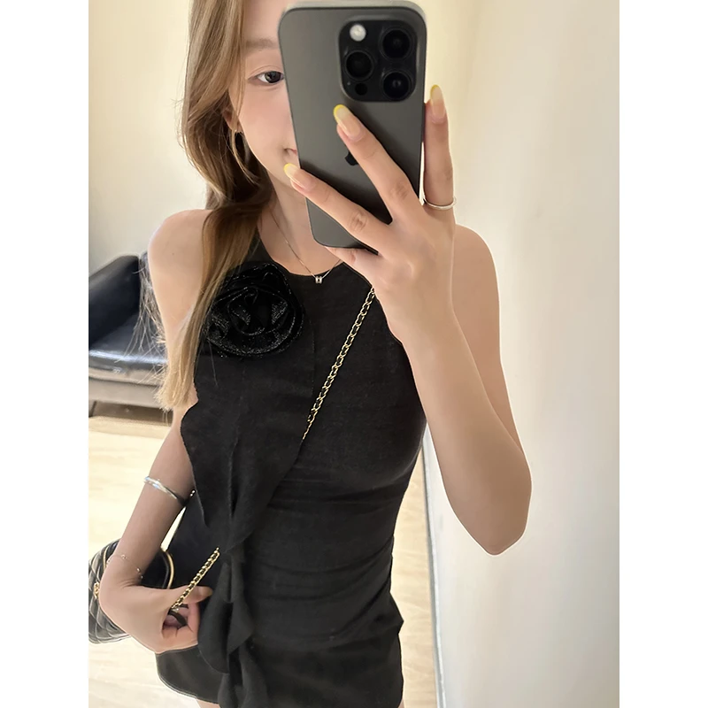 王少女【清清】黑色修身立体花朵背心法式辣妹时尚上衣D19543S42