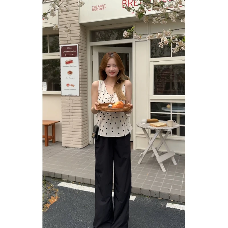 王少女【清清】黑色松紧腰直筒休闲裤夏季宽松显瘦裤子 K17344S41