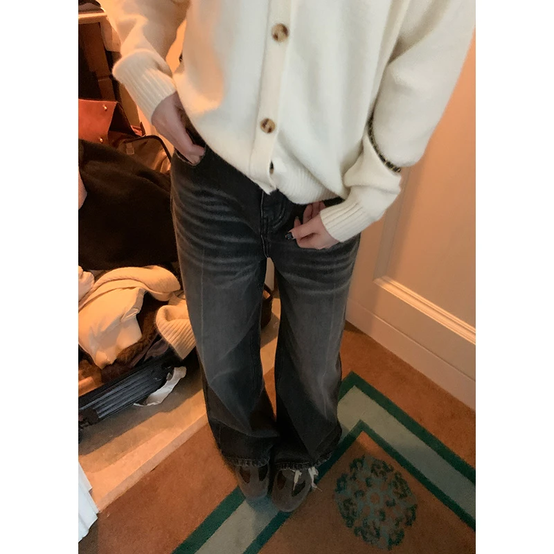 王少女的店【现现】黑色水洗直筒加厚牛仔裤百搭休闲裤子 H26913S44