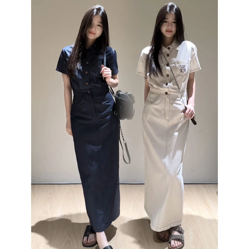 王少女【现现】杏白色绣花翻领短袖衬衫长裙宽松连衣裙L18769S42