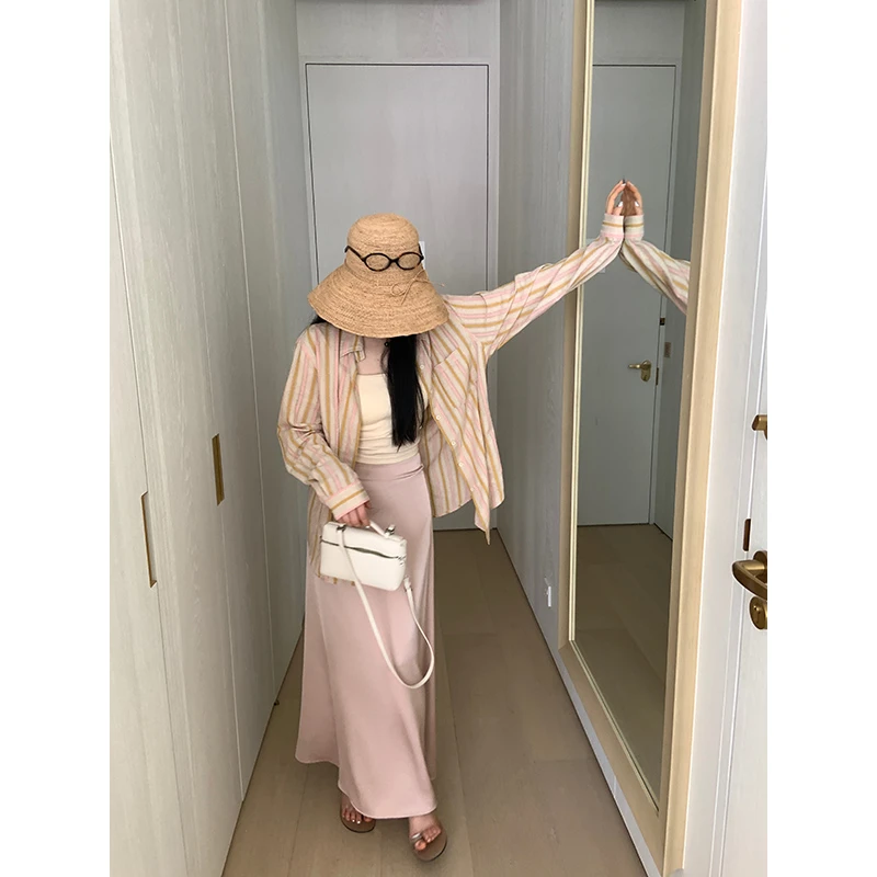 王少女【清清】裸粉色缎面a字显瘦半身裙夏季休闲长裙B19016S42