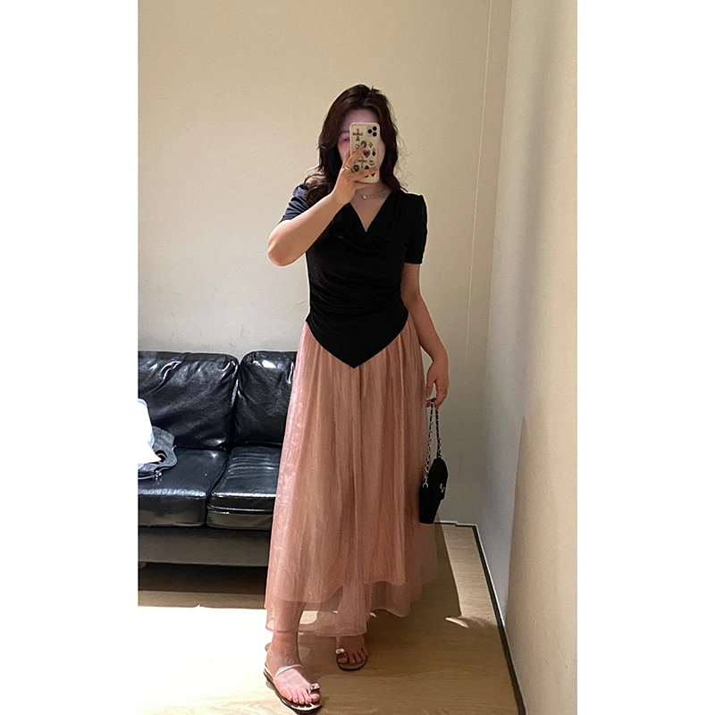 王少女【清清】粉色松紧腰直筒显瘦半身裙夏季气质裙B19164S42