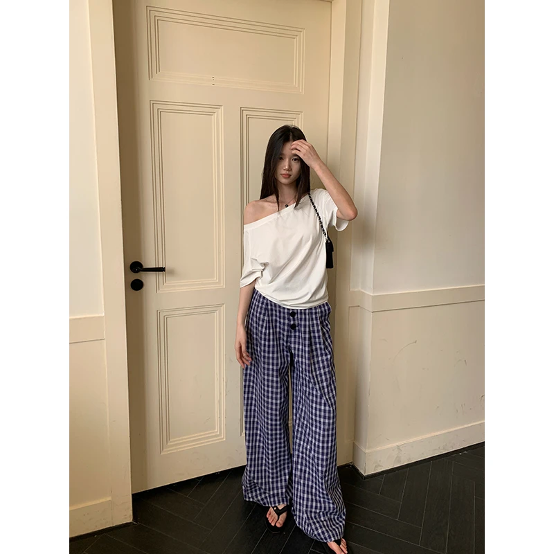 王少女【清清】 藏蓝色格纹直筒休闲裤时尚薄款长裤 K23262S42