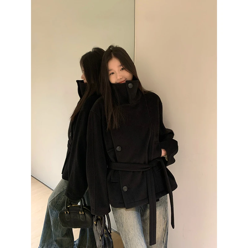 王少女的店 黑色立领单面呢加厚女外套冬季女装保暖上衣N26347S43