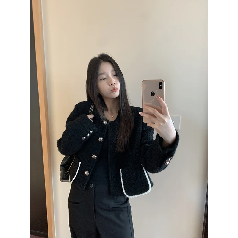 王少女【清清】黑色肌理感长袖女外套秋冬小香风上衣 W23594S43
