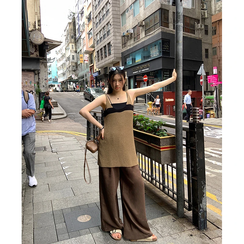 王少女【清清】咖色直筒松紧腰阔腿裤夏季百搭裤 K19924S42