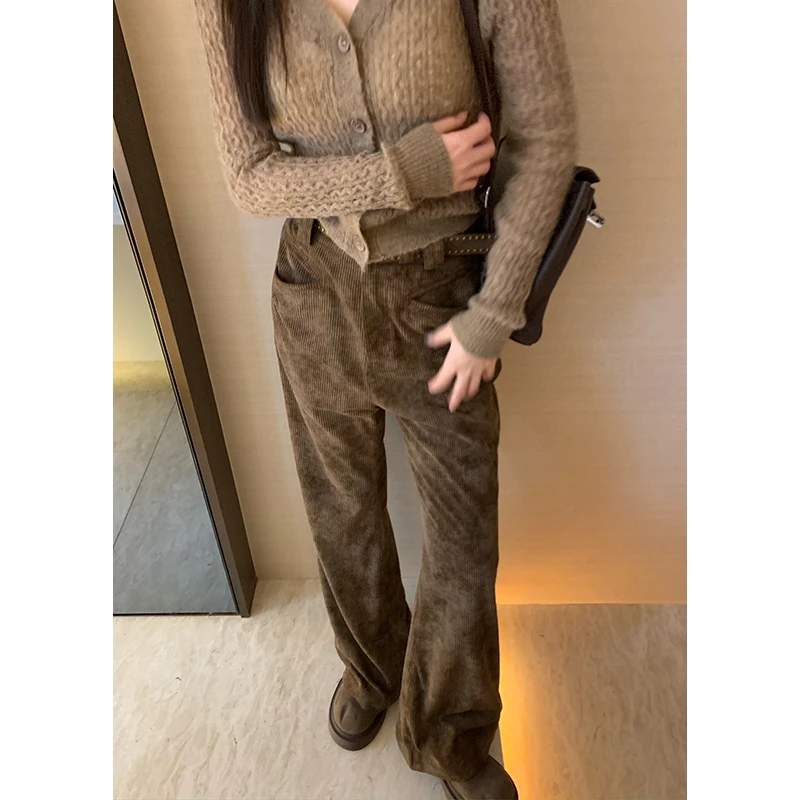 王少女【清清】咖色复古微喇裤修身直筒灯芯绒长裤 K23586S43