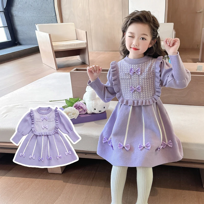 女童洋气秋冬季加绒针织毛衣连衣裙公主女宝宝加厚泡泡袖裙子冬装
