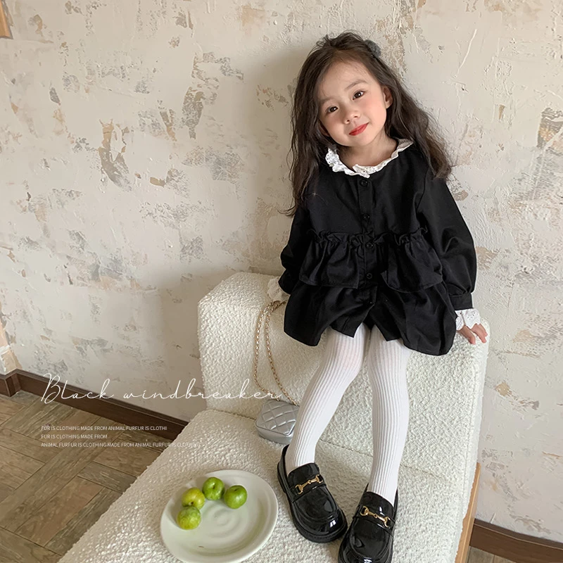 2024秋季新款裙子女童花边连衣裙小童长袖衬衫裙黑色公主裙蕾丝