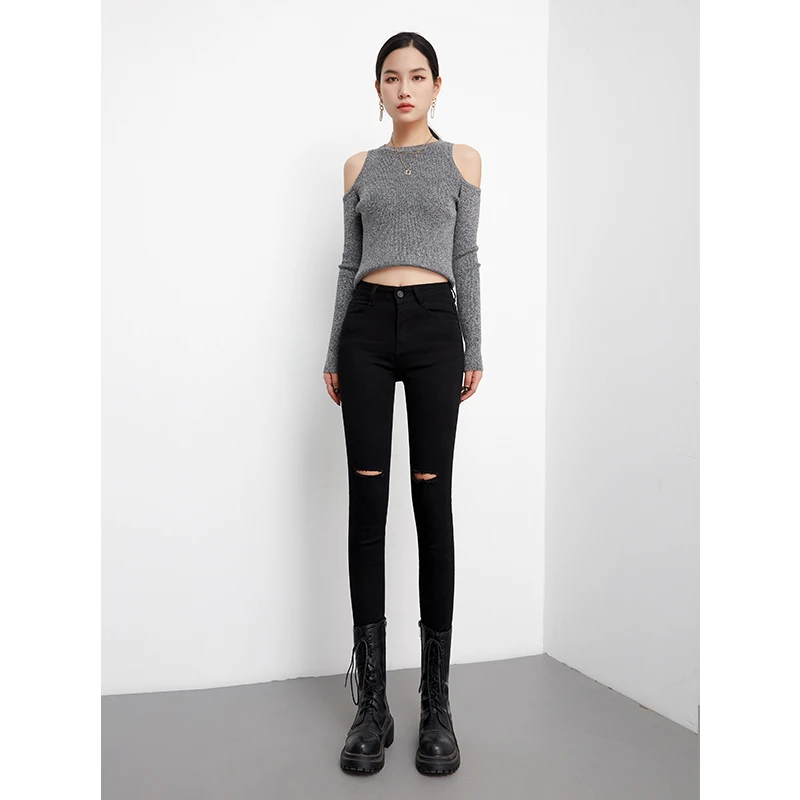 破洞牛仔裤女黑色高腰小脚九分2025春夏新款修身显瘦显高小个子