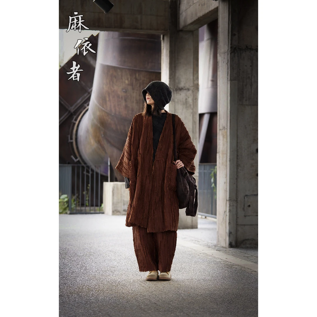 麻依者原创设计2023年冬季新款植物染复古柞蚕丝两面穿长袍 1174