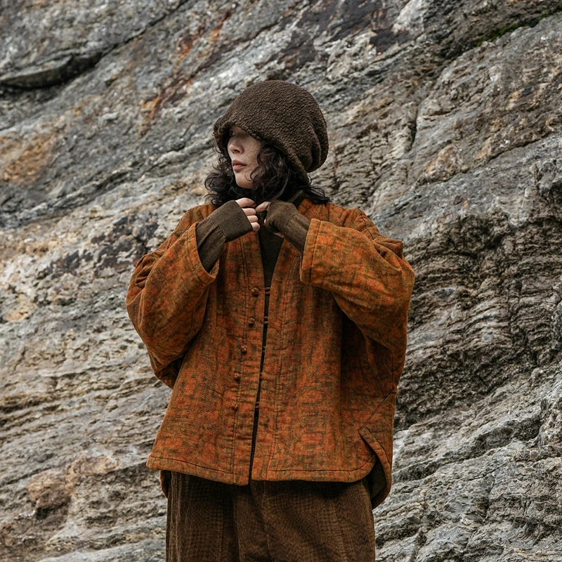 疯子张原创设计 2024冬季新款植物染流浪风棉麻盘扣棉服 08365