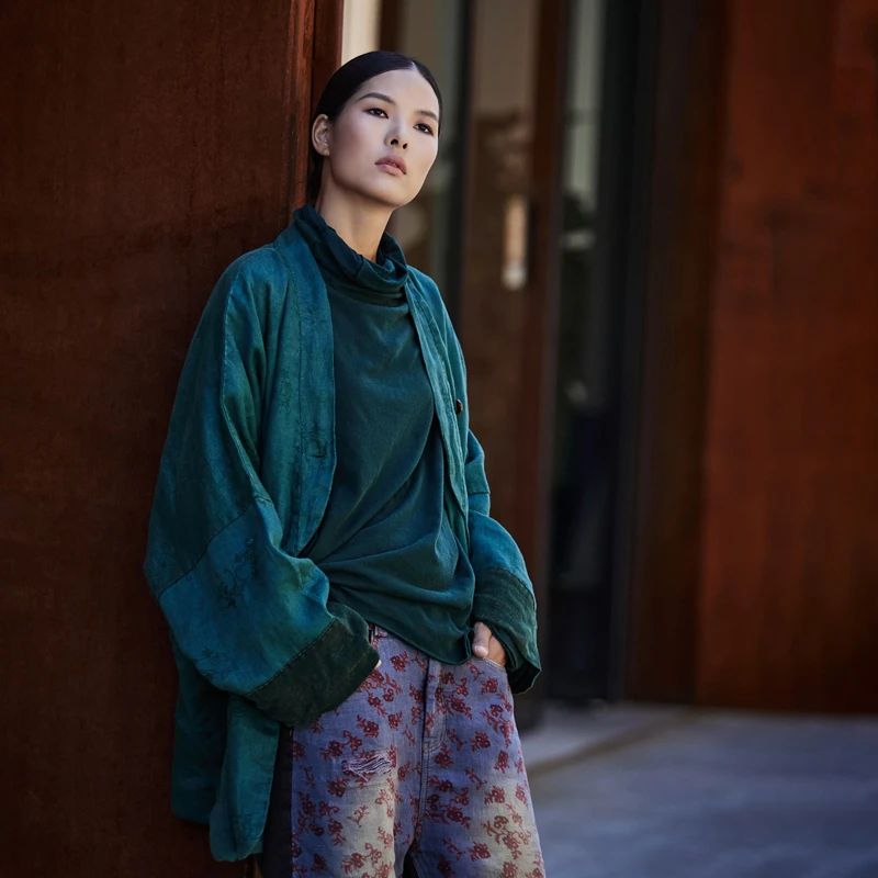 麻依者原创设计 2024春秋款植物染复古流浪风亚麻双层上衣  1277