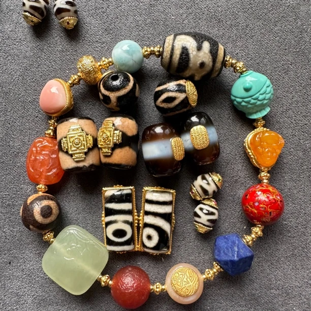 银镀金玛瑙镶嵌贴片五条扎基隔珠手牌手工配件复古编绳民族风