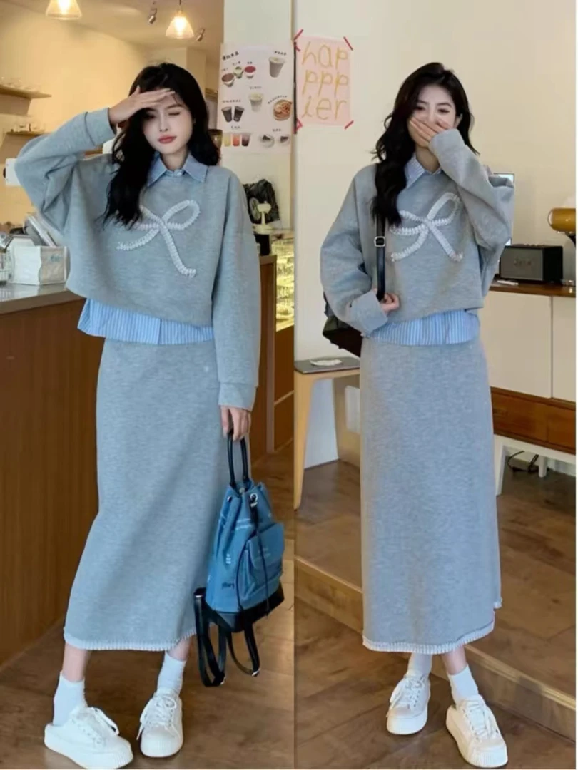 2025新款秋冬季韩系穿搭时尚套装裙女蝴蝶结卫衣条纹衬衫两件套