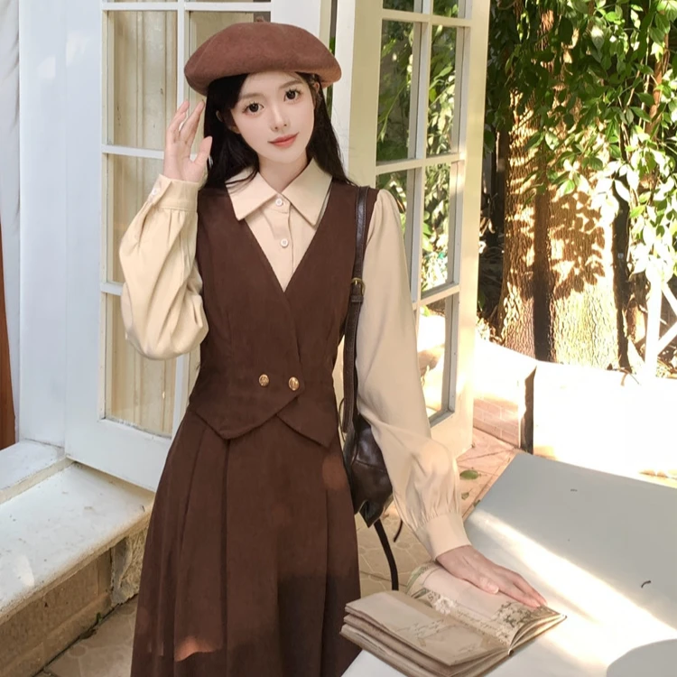 大码学院风假两件灯芯绒长裙复古连衣裙女秋冬季法式胖mm显瘦裙子