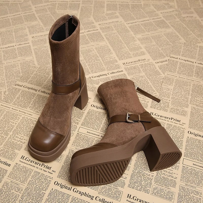 厚底瘦瘦时尚网红靴子女弹力靴袜靴2025秋冬新款粗跟高跟百搭短靴