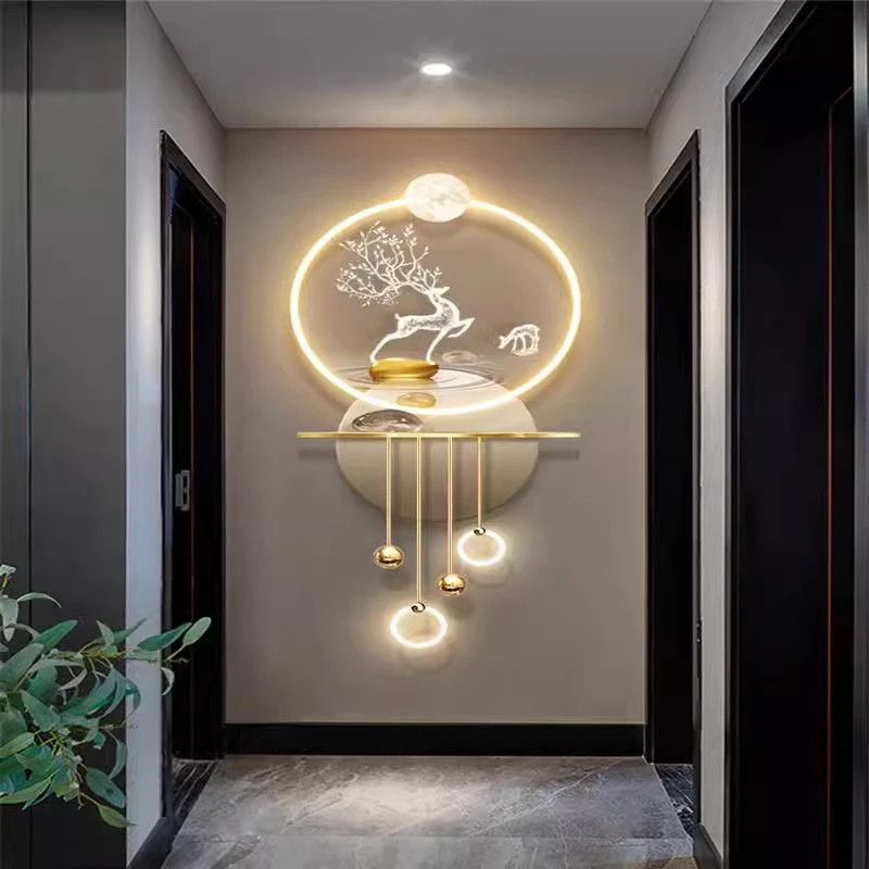 高端大气入户门玄关装饰画带led发光壁灯画走廊过道立体轻奢挂画