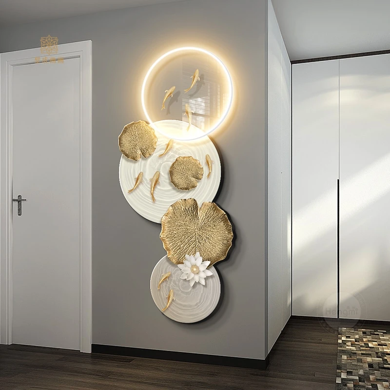 九鱼图入户玄关装饰画led灯画轻奢高级感走廊过道挂画发光壁画