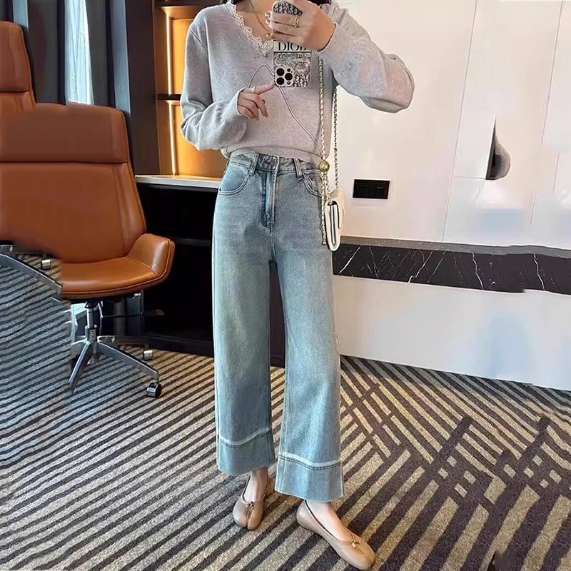 浅蓝色九分牛仔裤女2024春秋大码胖mm高腰显瘦直筒百搭小个子裤子