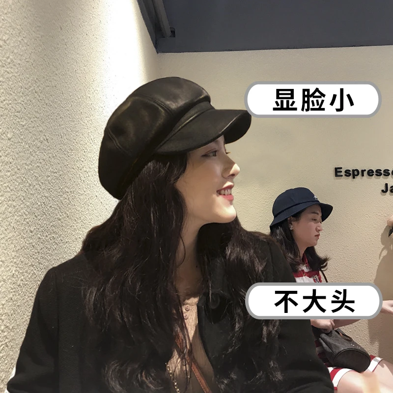 显脸小黑色网红pu皮质八角帽子女鸭舌英伦潮春秋报童皮帽贝雷帽冬