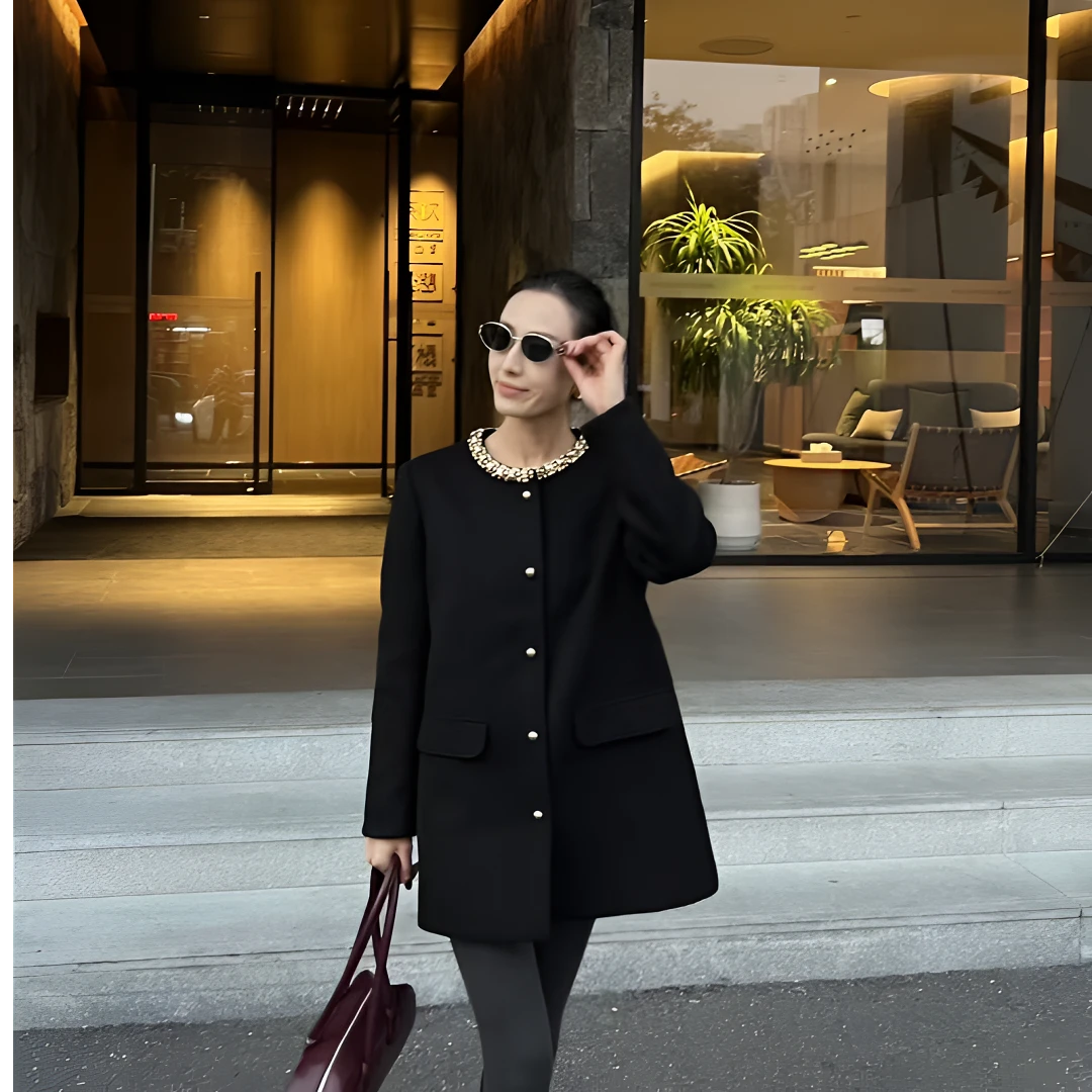 QUEEN名媛风钻链羊毛短款大衣（时尚气质毛呢秋冬黑色显瘦小香风）