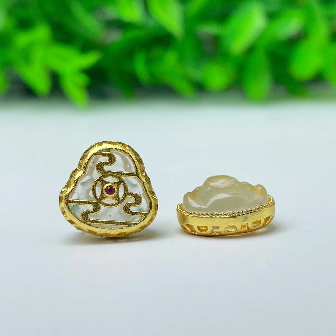 【糖宝珠宝】B680天然翡翠水墨白冰大肚佛s925镶嵌古法 百搭DIY配饰