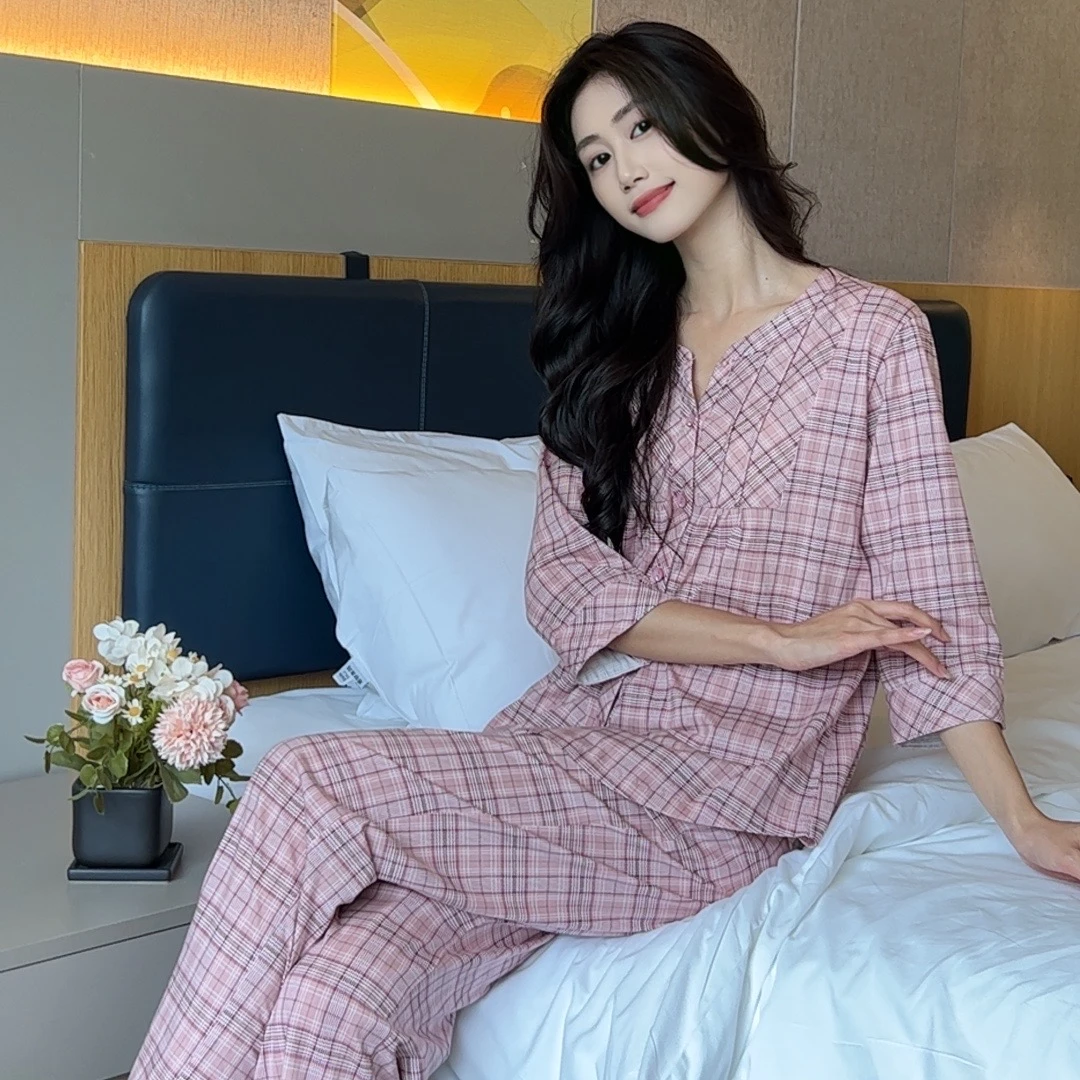 【乌梅子酱】纯棉长裤七分袖2024新款睡衣女春夏家居服大码两件套装