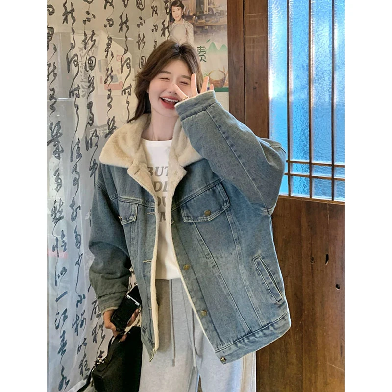 加绒加厚牛仔外套女2025秋冬季新款韩版宽松休闲小个子复古棉衣服