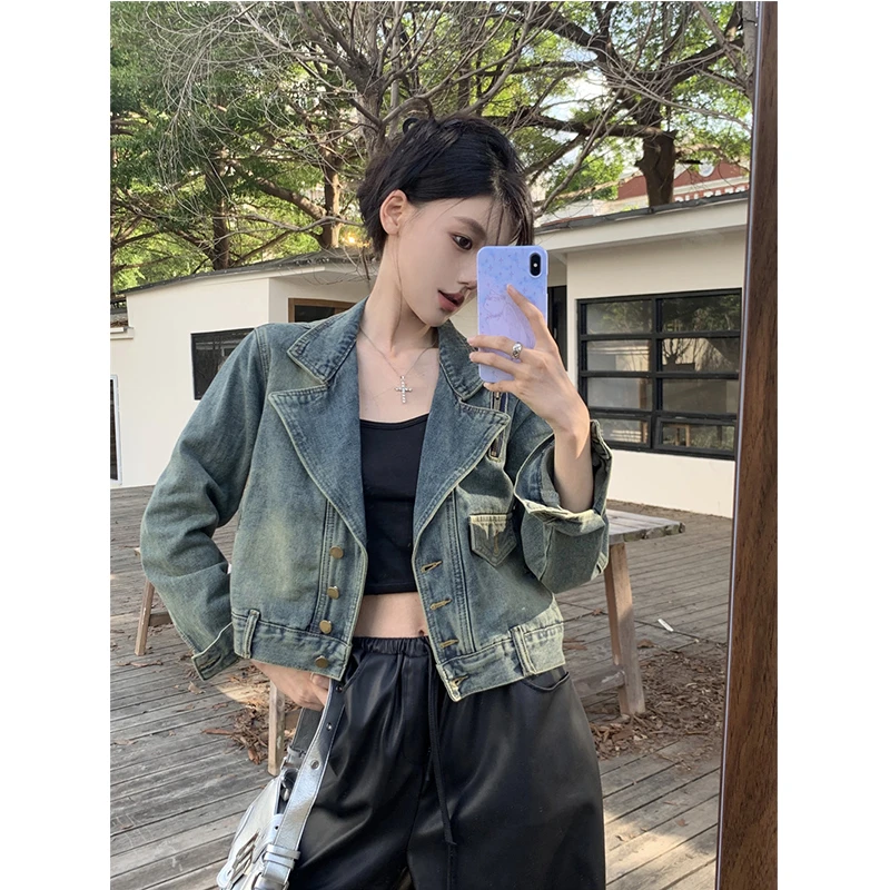 美式复古西服领牛仔外套女秋季2024新款休闲机车夹克上衣