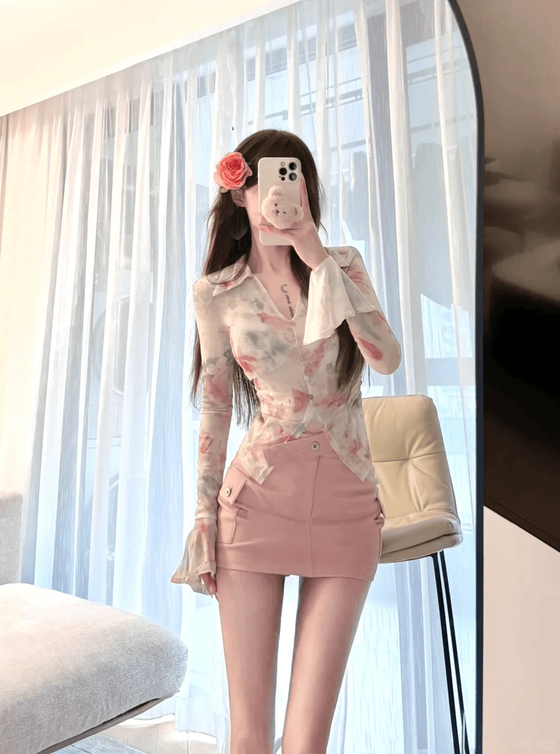精致修身甜酷辣妹印花网纱防晒衬衣夏季百搭工装显瘦半裙时尚女装