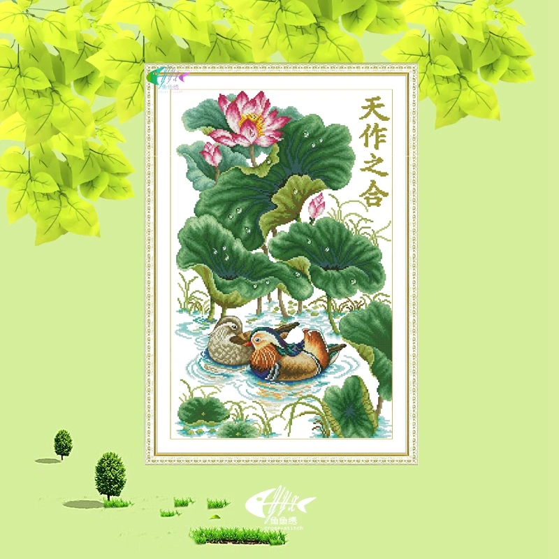 纯棉印花十字绣卧室玄关结婚喜庆天作之合鸳鸯成双百年好合竖版