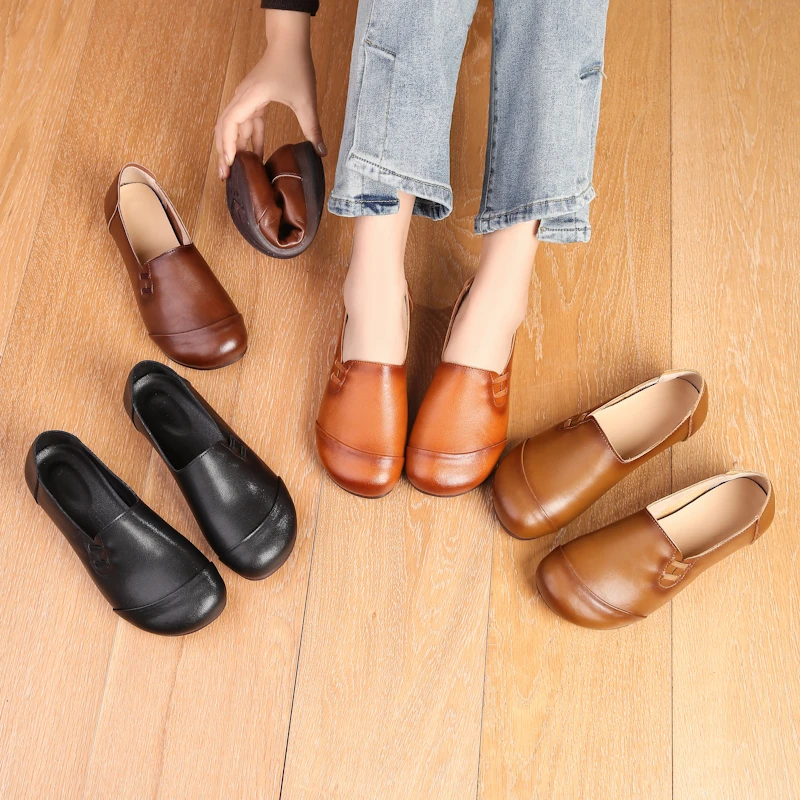 真皮中老年单鞋圆头舒适软底妈妈鞋复古平底防滑休闲皮鞋耐磨皮鞋