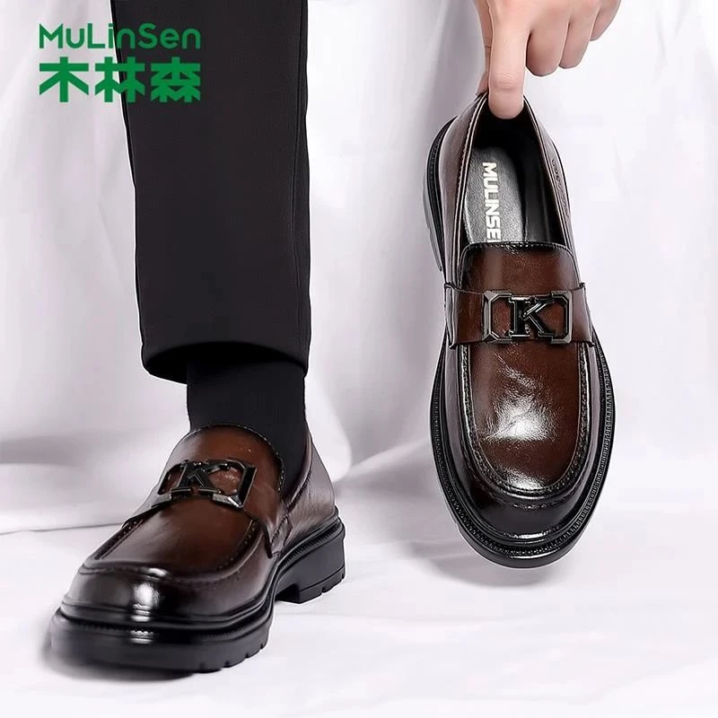 木林森休闲皮鞋男款秋季商务正装英伦乐福男鞋秋冬一脚蹬豆豆潮鞋