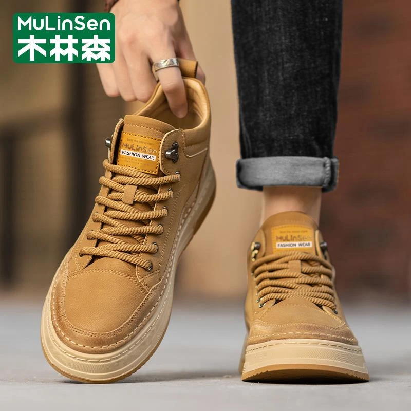 木林森男鞋秋季运动休闲复古板鞋中高帮工装户外厚底耐磨马丁皮靴
