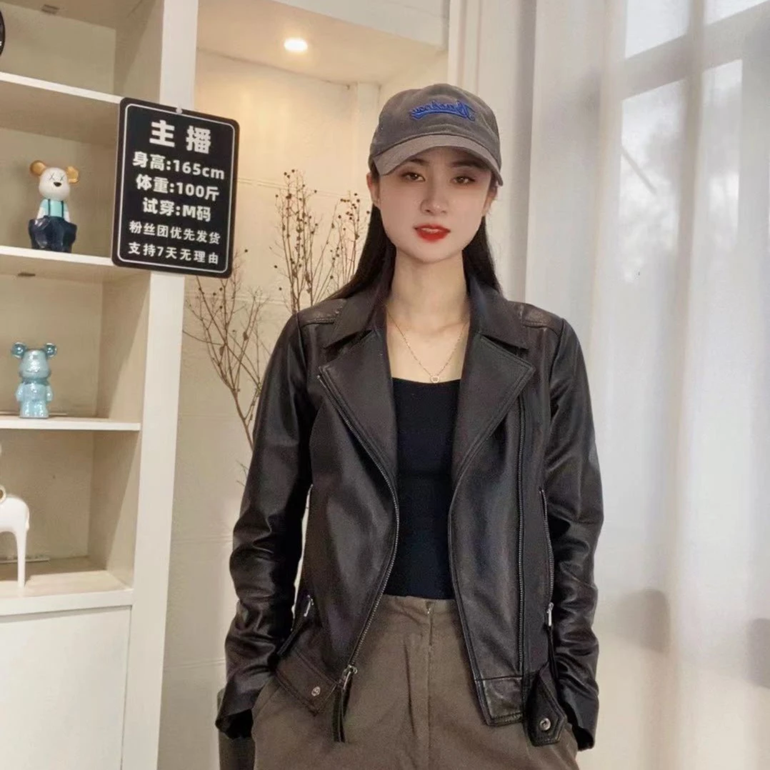 春季新款绵羊皮女机车显瘦真皮外套韩版百搭皮夹克2024-20