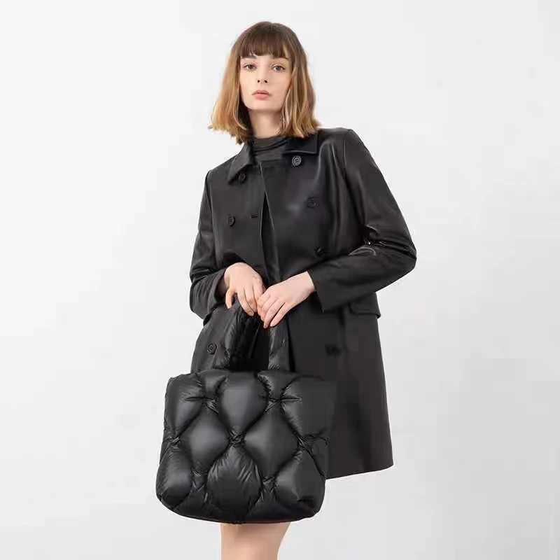 土耳其进口植鞣绵羊皮真皮皮衣女双排扣显瘦黑色中长款风衣23188