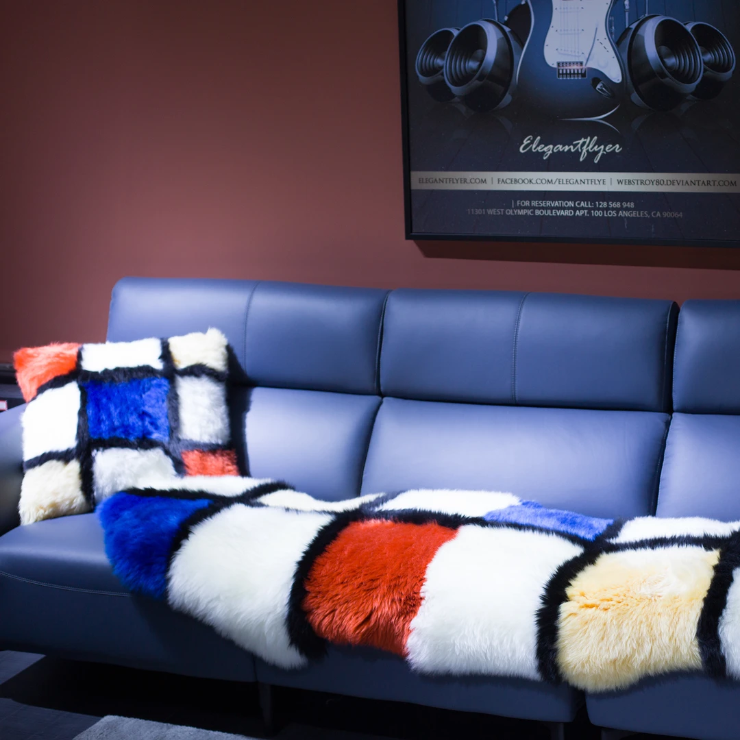 吉羊澳新魔方格高端羊毛皮一体防滑四季通用轻奢地毯摇椅毯飘窗毯