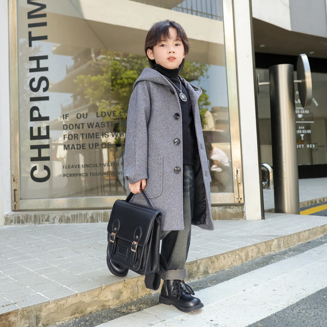 男童呢子大衣2024新款男孩冬季儿童加厚外套毛呢中大童韩版洋气潮