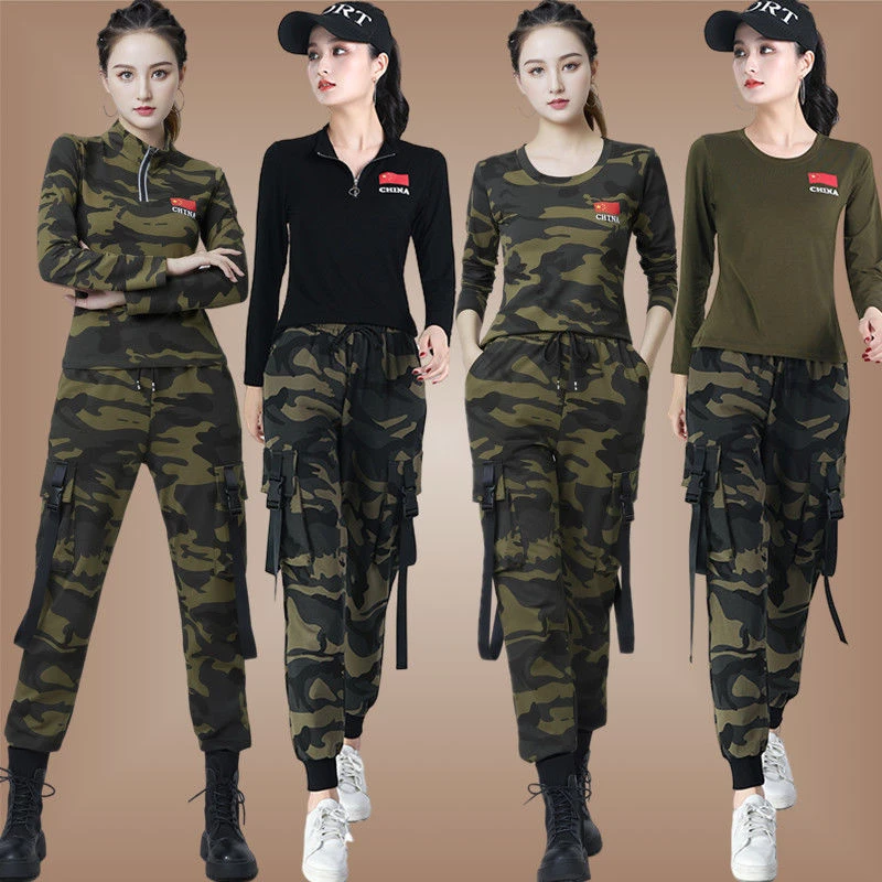 广场舞服装新款迷彩T恤女军绿色套装运动时尚工装裤水兵舞表演服