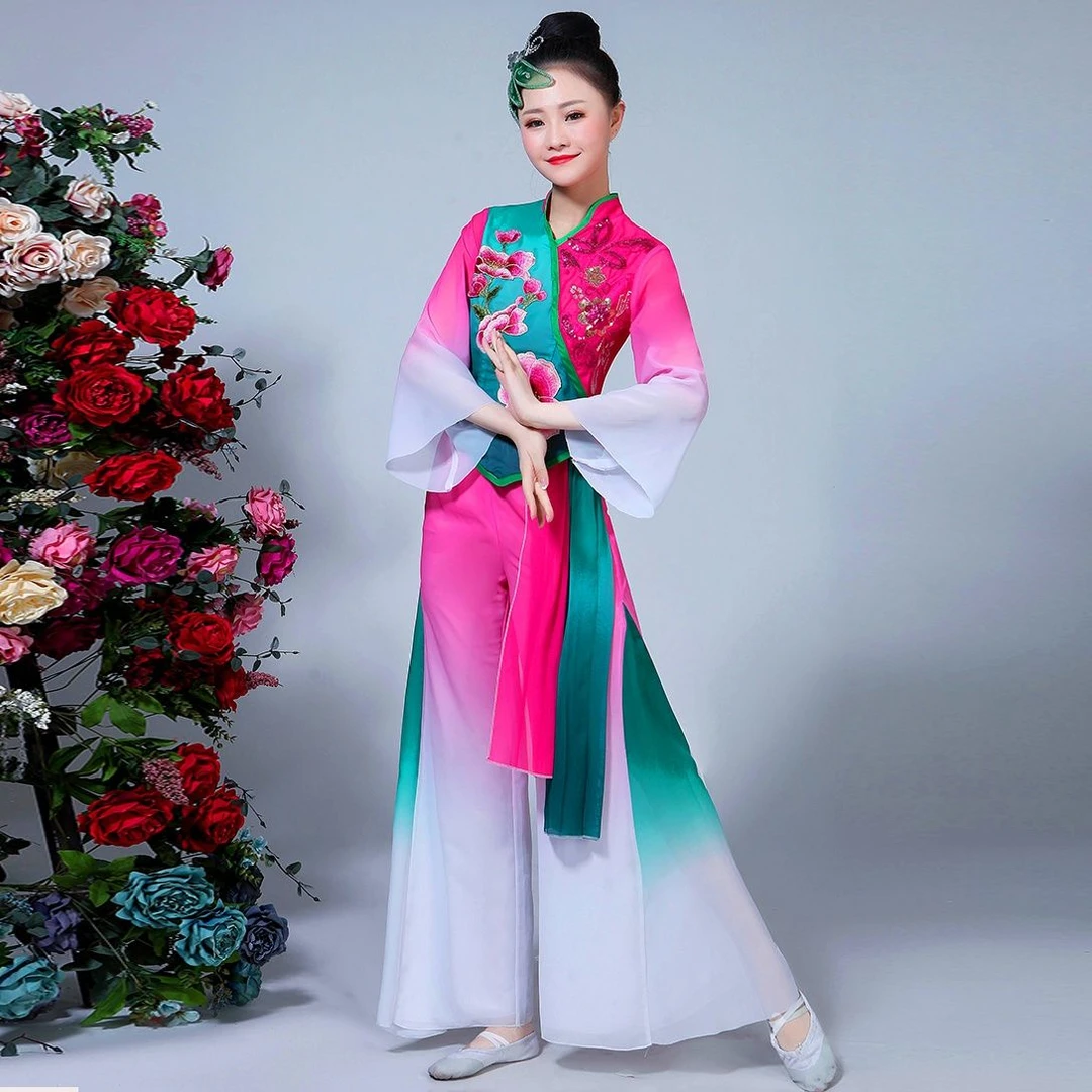 2023古典秧歌服腰鼓服扇子舞民族中老年飘逸舞蹈演出舞台服装套装