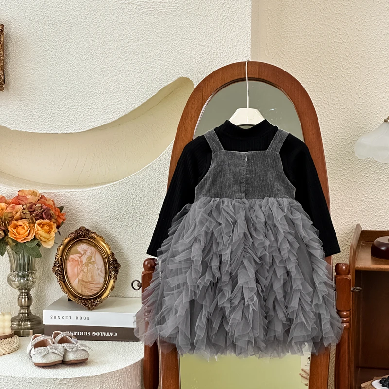 女童春秋2024新款休闲公主裙连衣裙拼接黑色假两件套装宝宝背带裙
