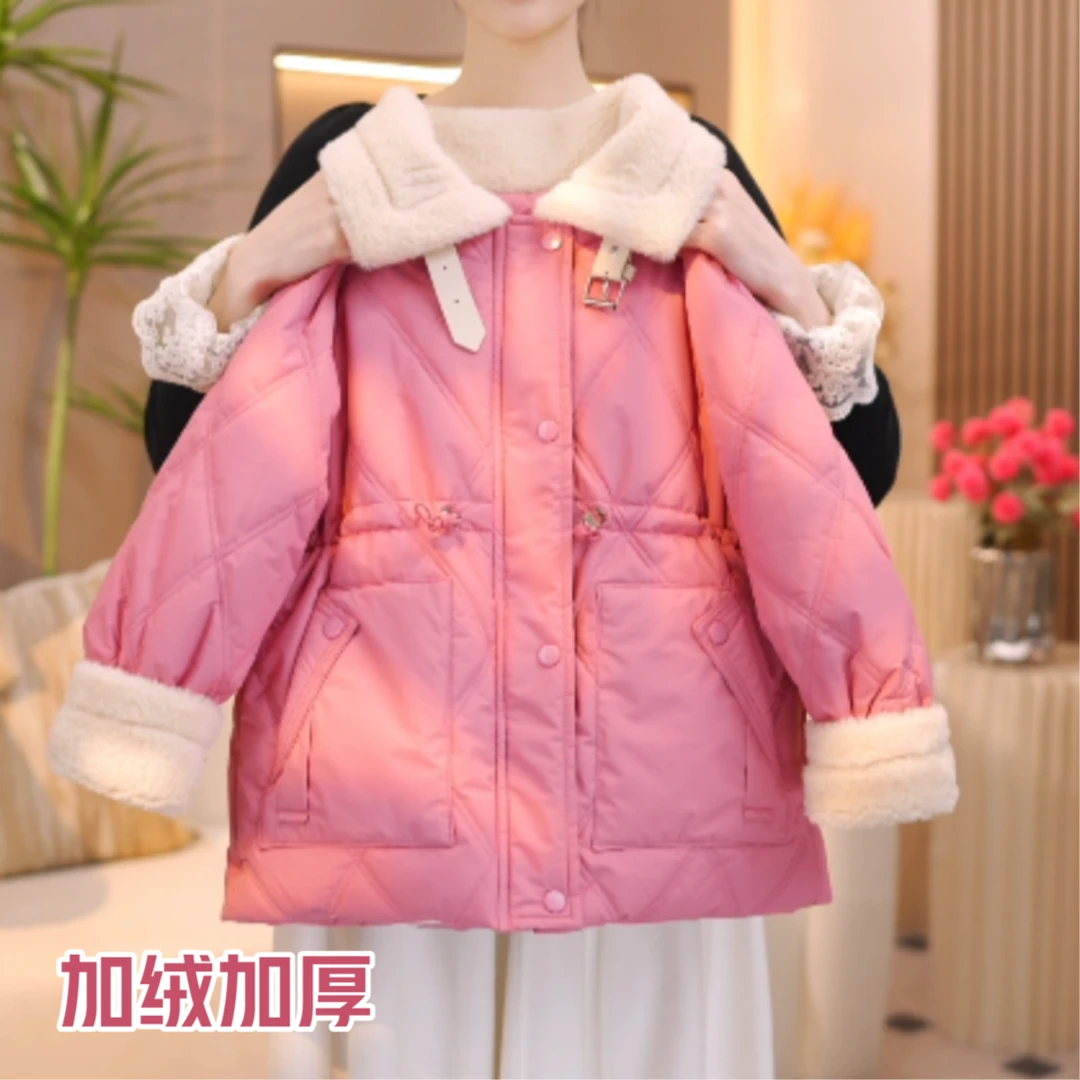 女童加绒夹棉外套2024冬装新款中长款棉服宝宝冬季加厚棉衣外套潮