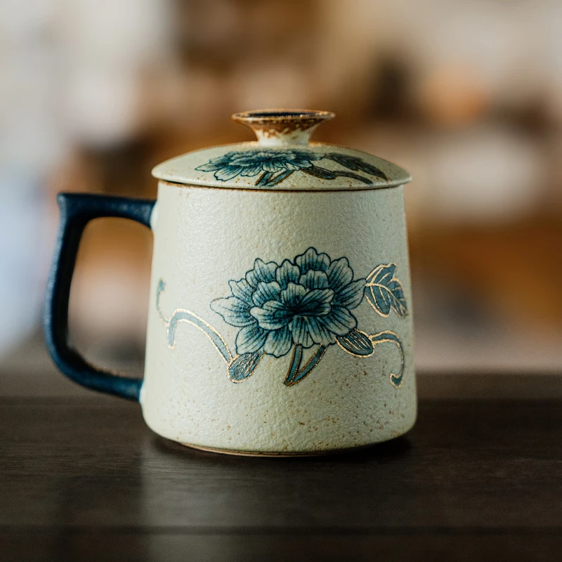 赞朴青花火石红马克杯带盖描金纯手绘牡丹花陶瓷水杯茶杯女办公杯