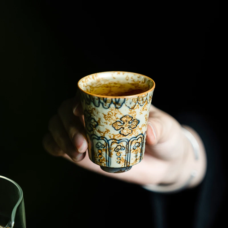 赞朴手绘描金青花火石红茶杯家用大容量主人杯陶瓷单杯功夫闻香杯