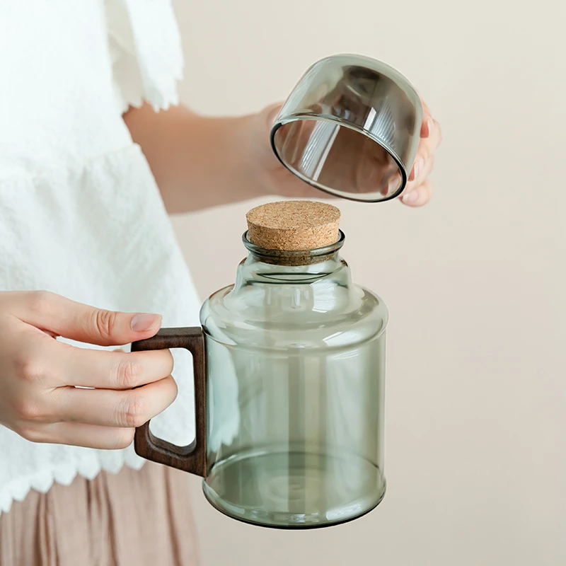 赞朴烟灰高硼硅玻璃凉水壶家用耐高温木把带盖冷水壶一人专用茶壶