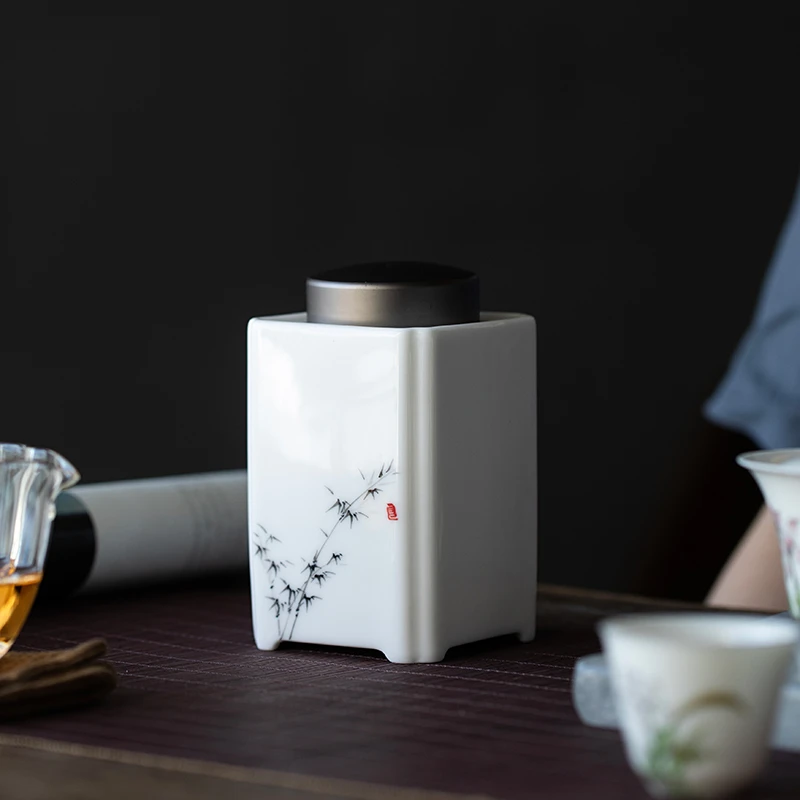 手绘竹韵茶叶罐陶瓷密封罐防潮罐家用普洱茶叶储存罐子锡制盖茶仓