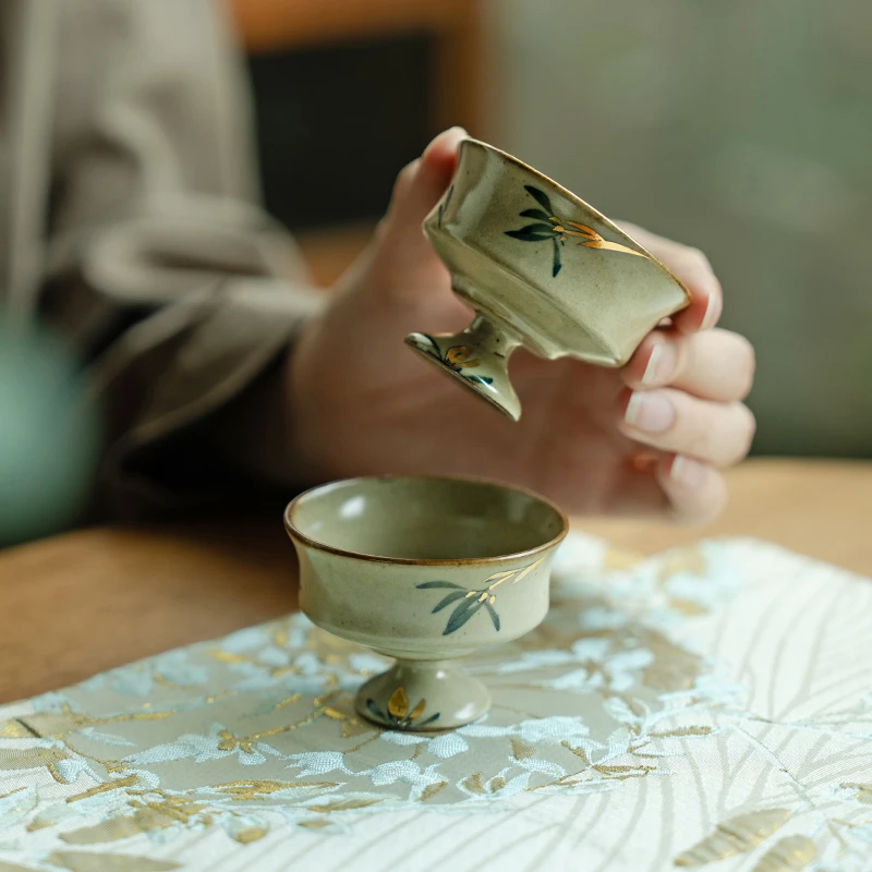 赞朴仿古描金手绘蝴蝶兰陶瓷茶杯主人杯单杯高脚杯个人专用品茗杯