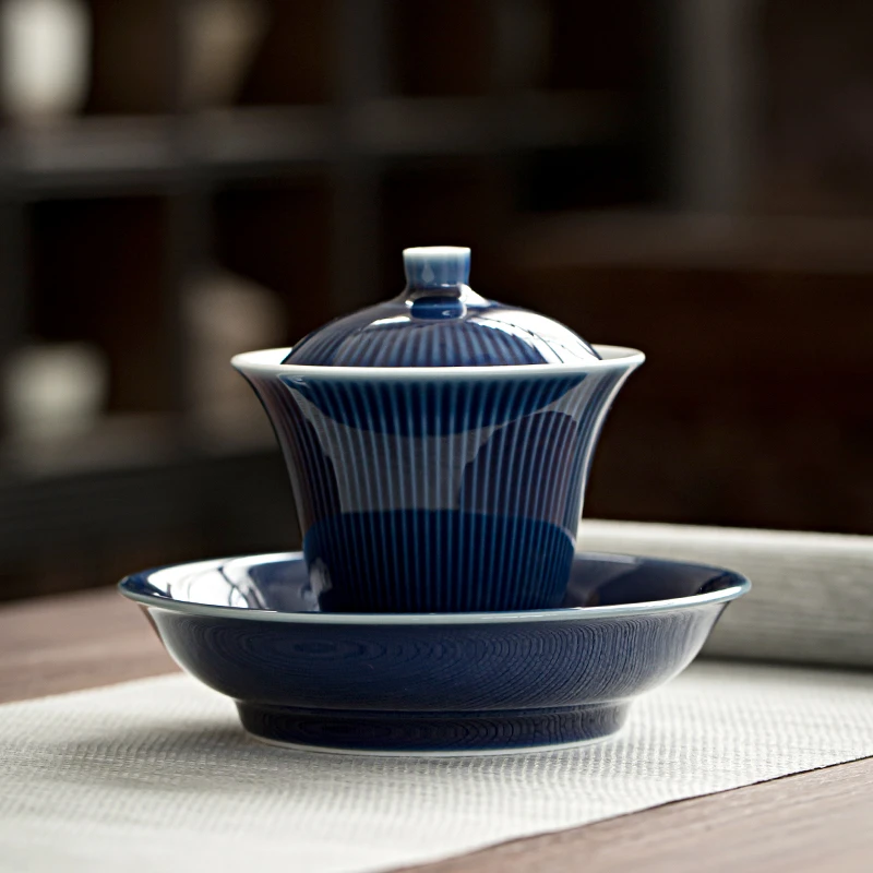霁蓝竖纹陶瓷三才盖碗家用功夫茶具防烫泡茶碗茶杯单个泡茶器茶具